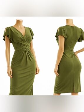Mac Duggal Olive Green Ruched Midi Dress Surplice Flutter Sleeve Sexy NWT 2